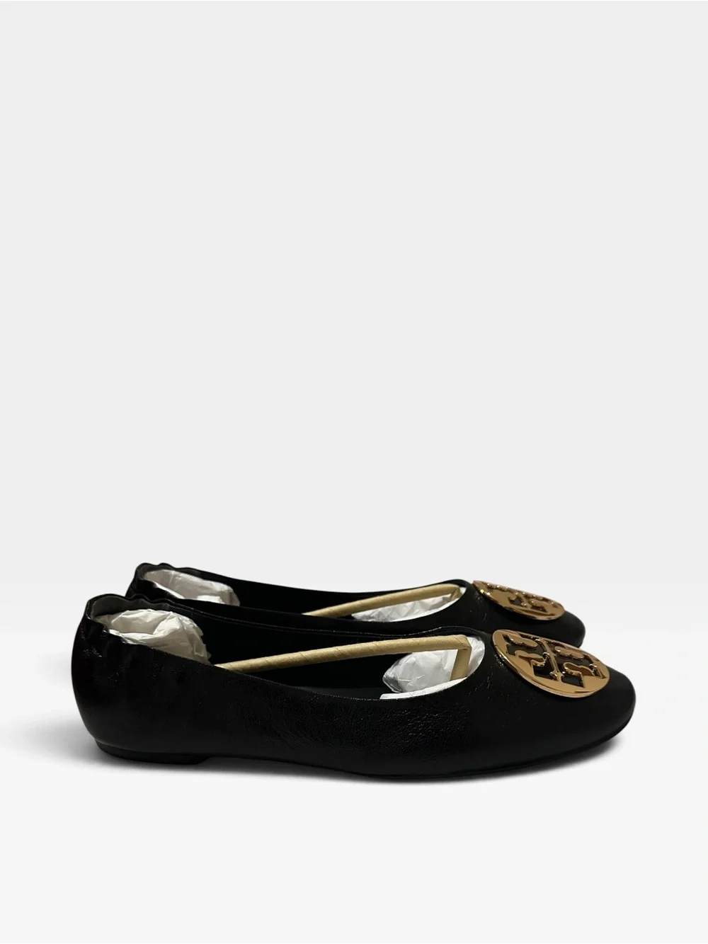 Tory Burch Claire Ballet Flats Black Leather Gold Logo NIB Size 9.5